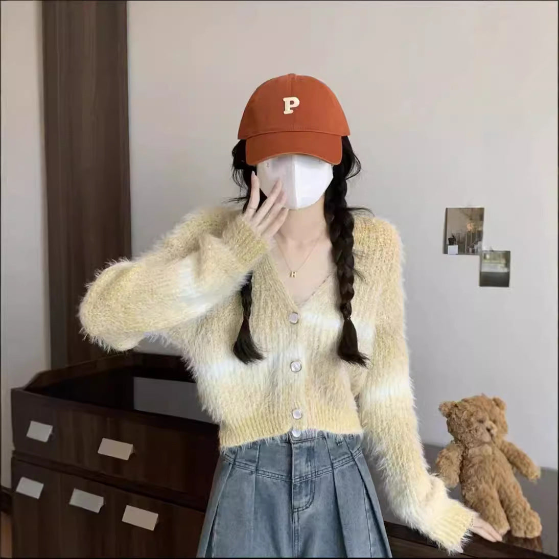 Gradient Color Autumn And Winter V-neck Mink Sweater Coat Female Small Short Outer Wear Wool Knit Cardigan