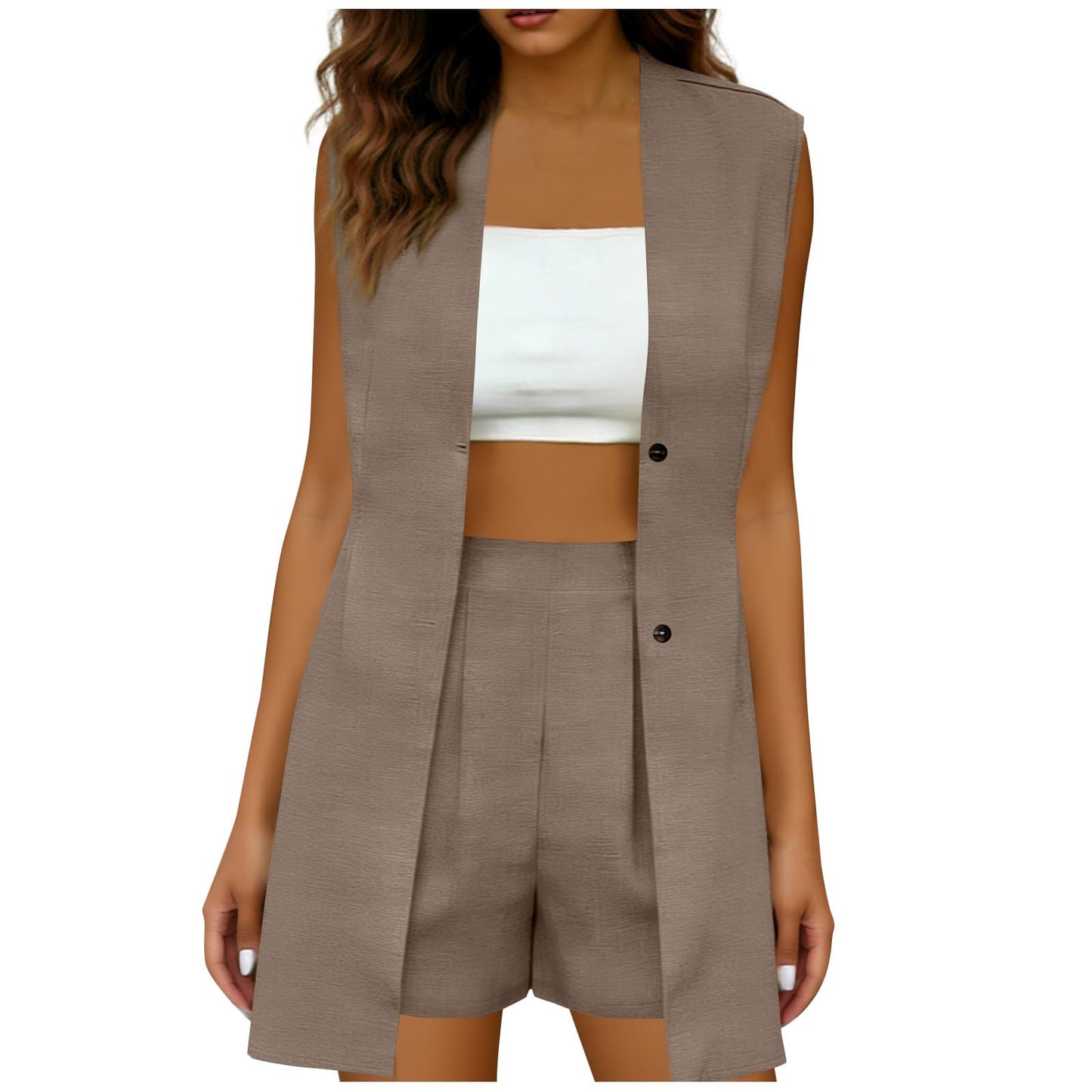 Elegant Commuter V-Neck Sleeveless Top Vest Jacket And Shorts Set