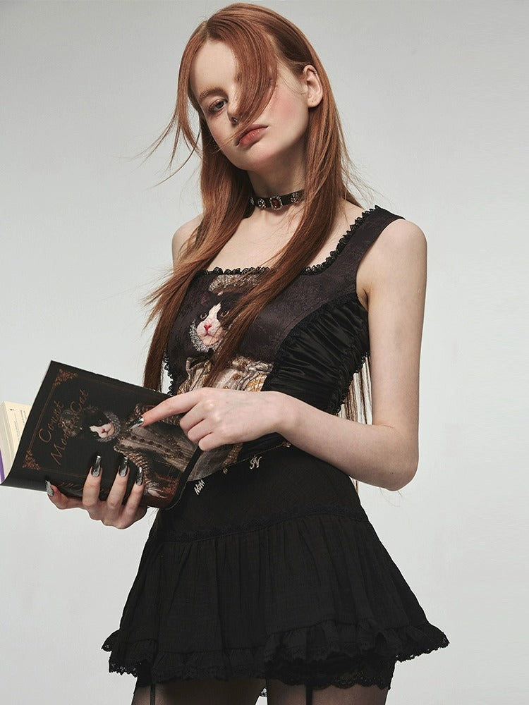 Straight Neck Waistband Bra With Hot Drill And Full Print Cat Camisole