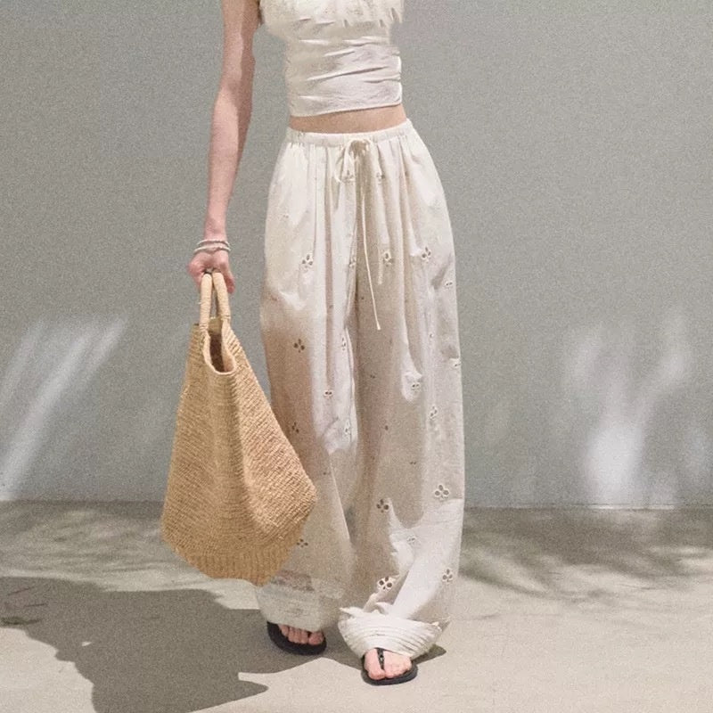 Cotton Paisley Hollow Embroidered Holiday Casual Drawstring Trousers