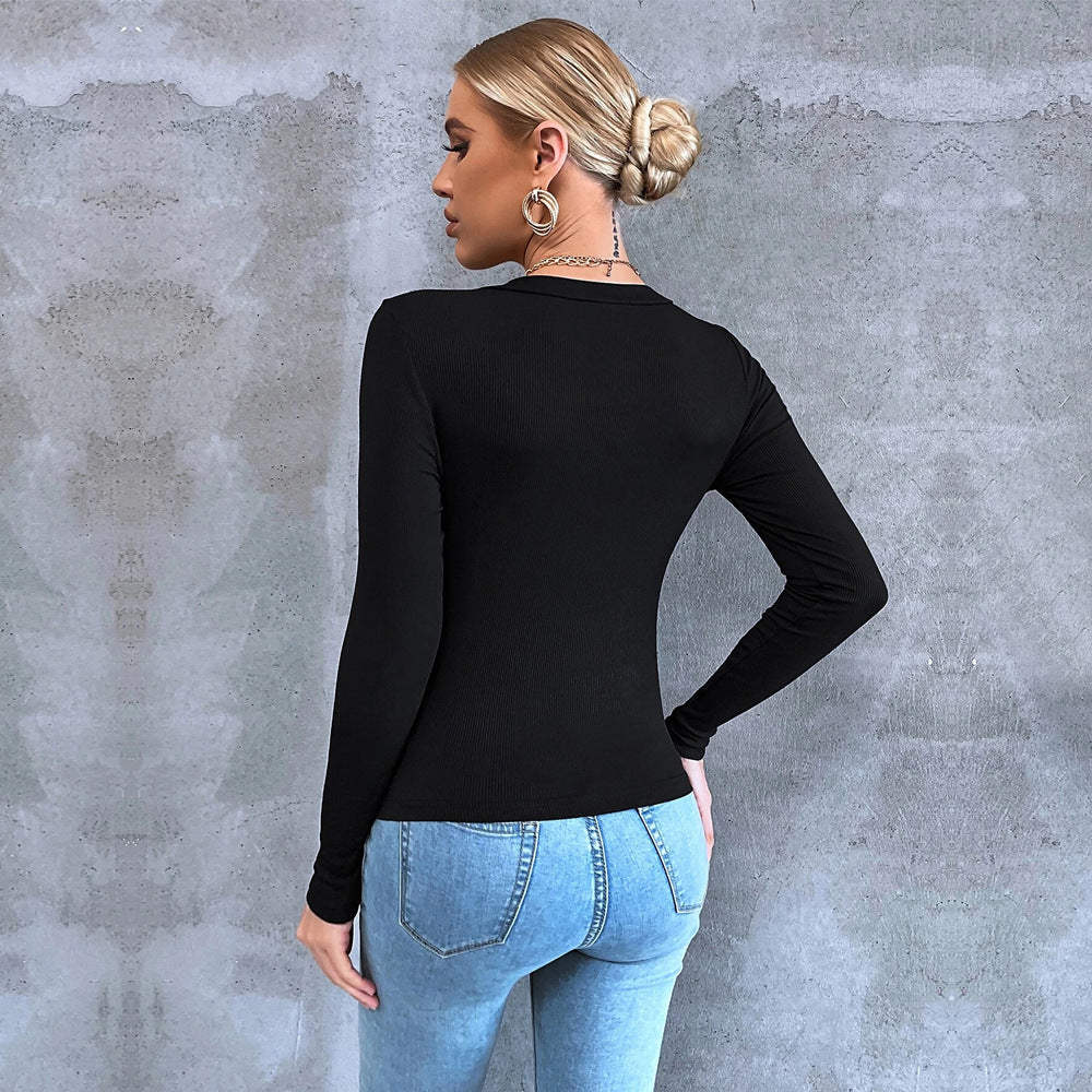 Casual Commuting Long Sleeve Slim Fit Cropped Split Neck Women's T-Shirt