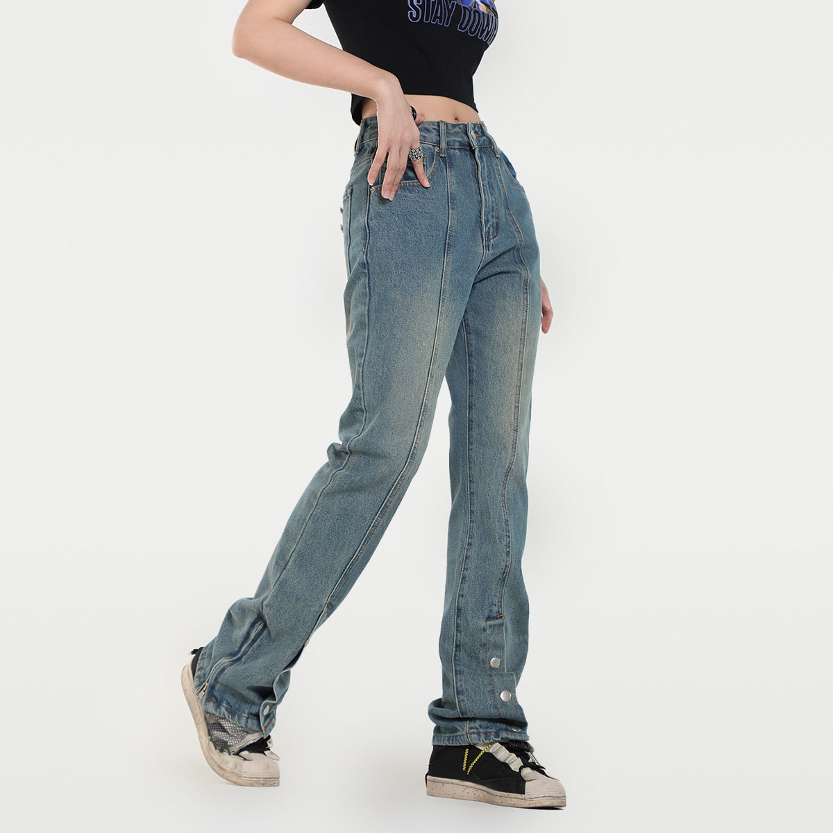 Buckle Straight Personality Foot Mouth Slimming Jeans