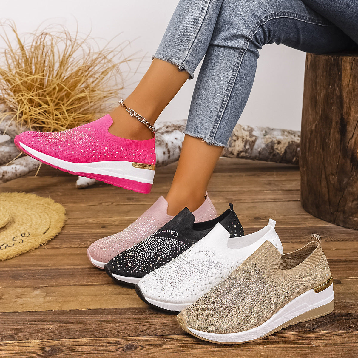 Pumps Women's Summer Wedge Round Toe Rhinestone Slip-on Women's Pumps Pumps