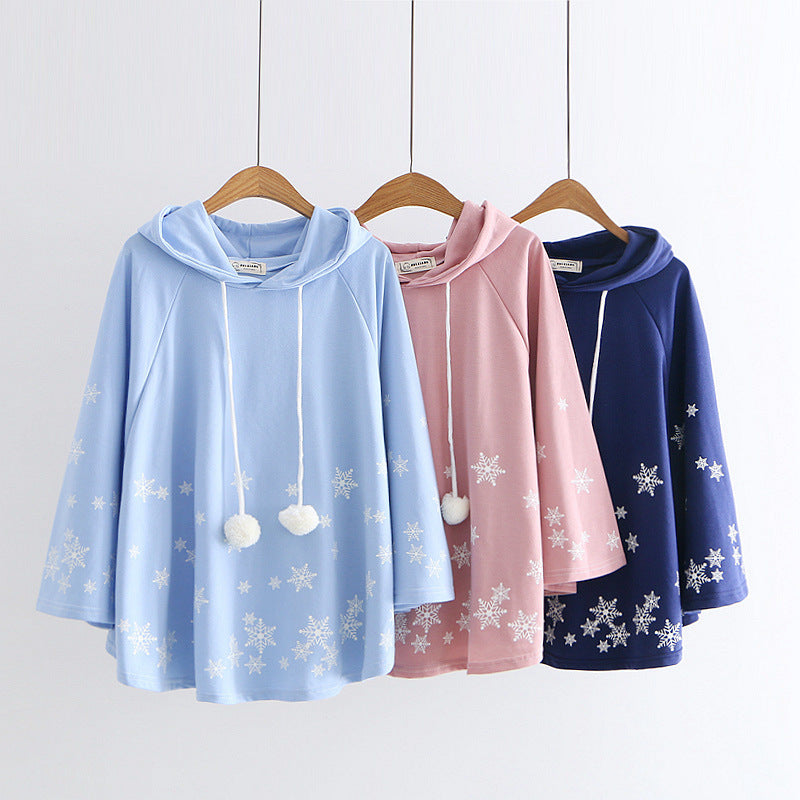 Japanese College Style Cartoon Snowflake Print Hooded Pullover