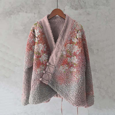 Womens Fleece Sweater With 3D Digital Floral Print In Japanese Style
