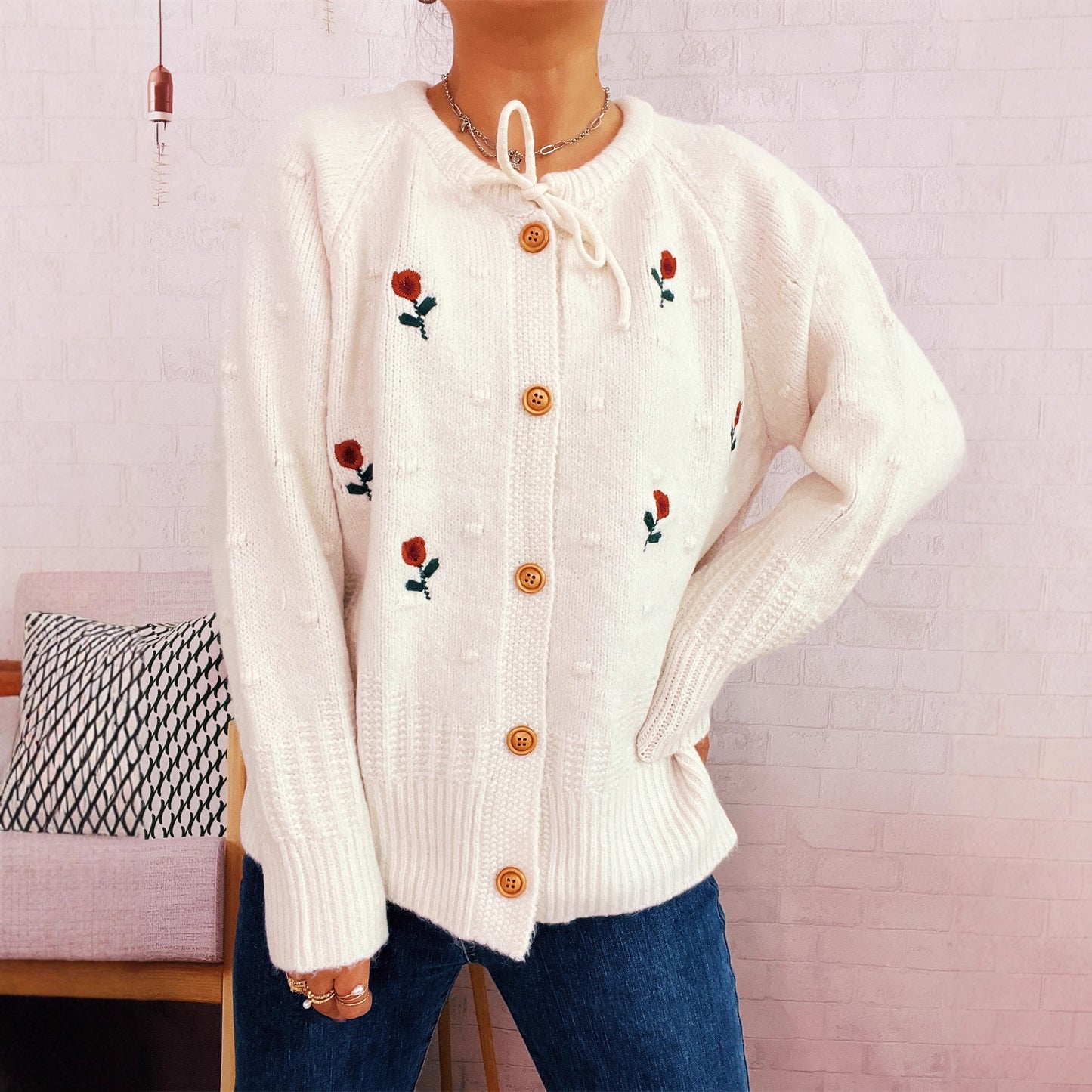 Flower Embroidery Bow Bandage Knitted Cardigan Single-breasted Sweater