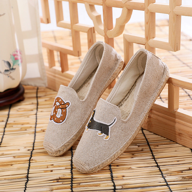 Cartoon Pattern Embroidered Cotton And Linen Shallow Mouth Cloth Shoes