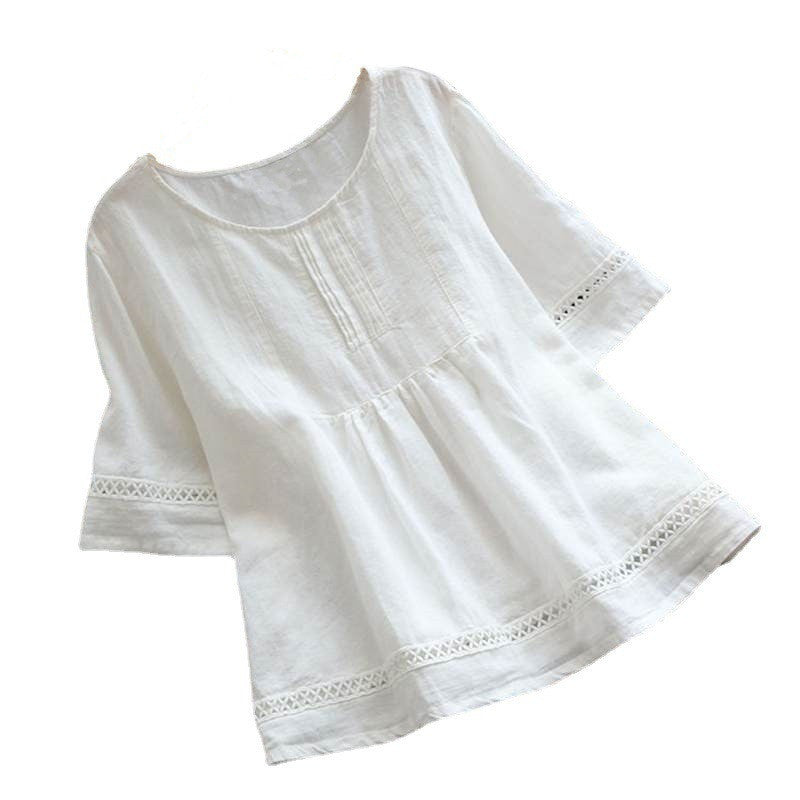 Summer Solid Color Cotton And Linen Top Half Sleeve