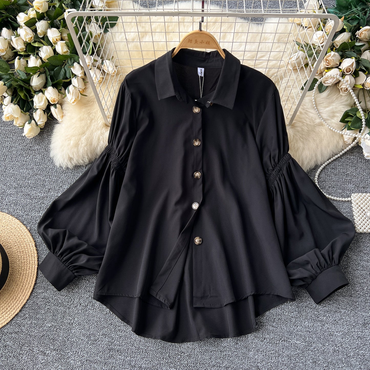 Pleated Lantern-sleeve Single-breasted Loose-fitting Versatile Shirt