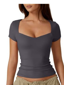Amazon Cross-border Women's Heart-shaped Collar Short Sleeve T-shirt Women's Solid Color Slim Basic Fashion Exposed Navel
