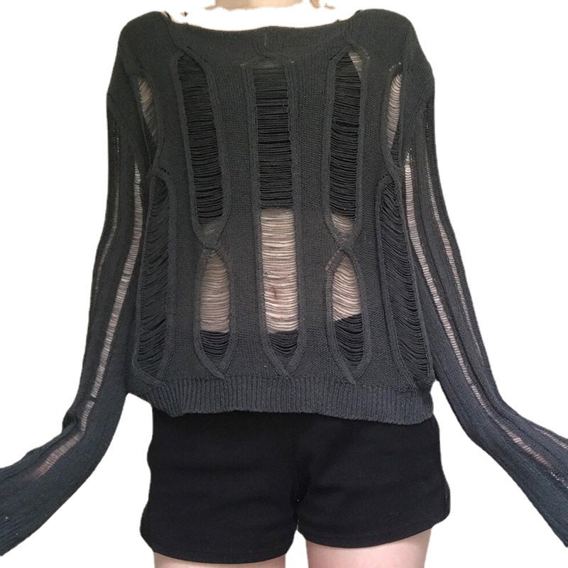 Temperament Crew Neck Long Sleeve Hollow-out Loose Casual Bottoming Sweater