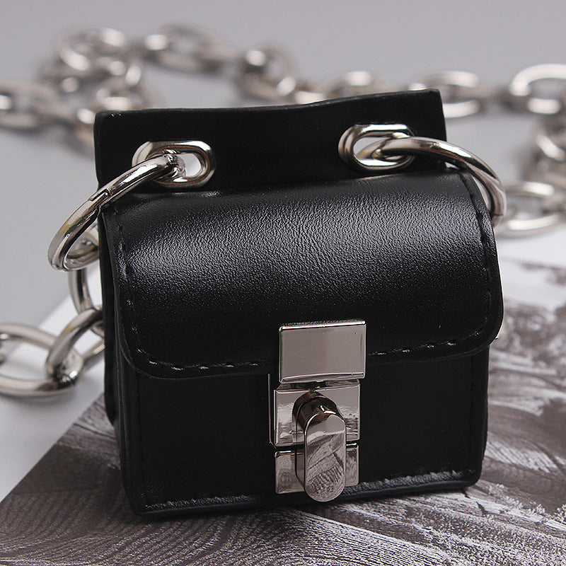 Functional Wind Dark Original Black Mini Earphone Bag Lock Small Square Bag Chain Messenger Bag