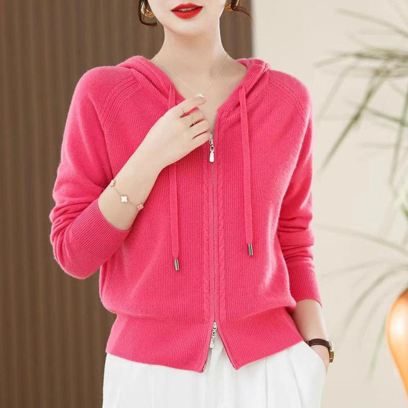 Lapel Knitted Cardigan Coat Ladies Hooded Loose Sweater