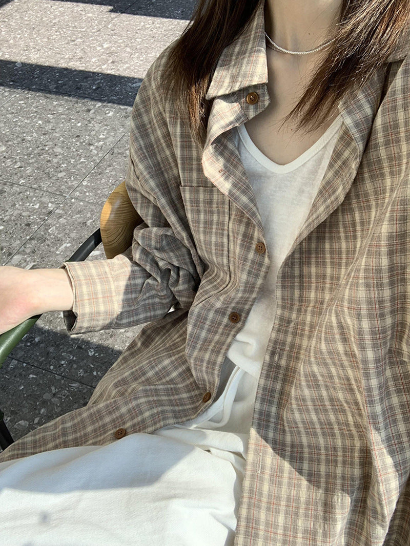 Arrival Loose-fit Blue Plaid Long-sleeve Sun-protective Shirt