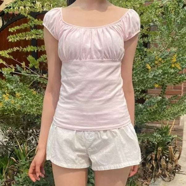 Womens Short-sleeve Top With A Round Neck And Puffed Sleeves