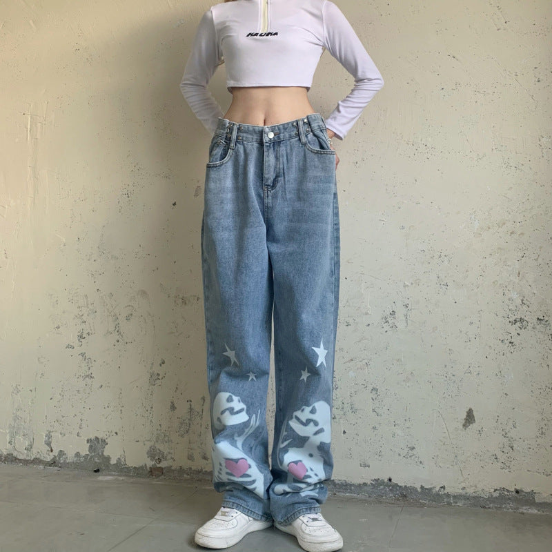 Skull Pentagram Creative High Waist Adjustable Button Loose Straight Mop Jeans
