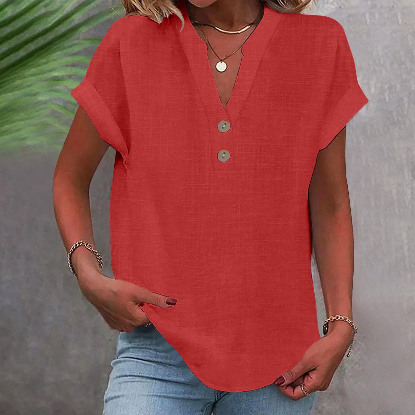 Stand Collar Button Short Sleeve Women's Shirt