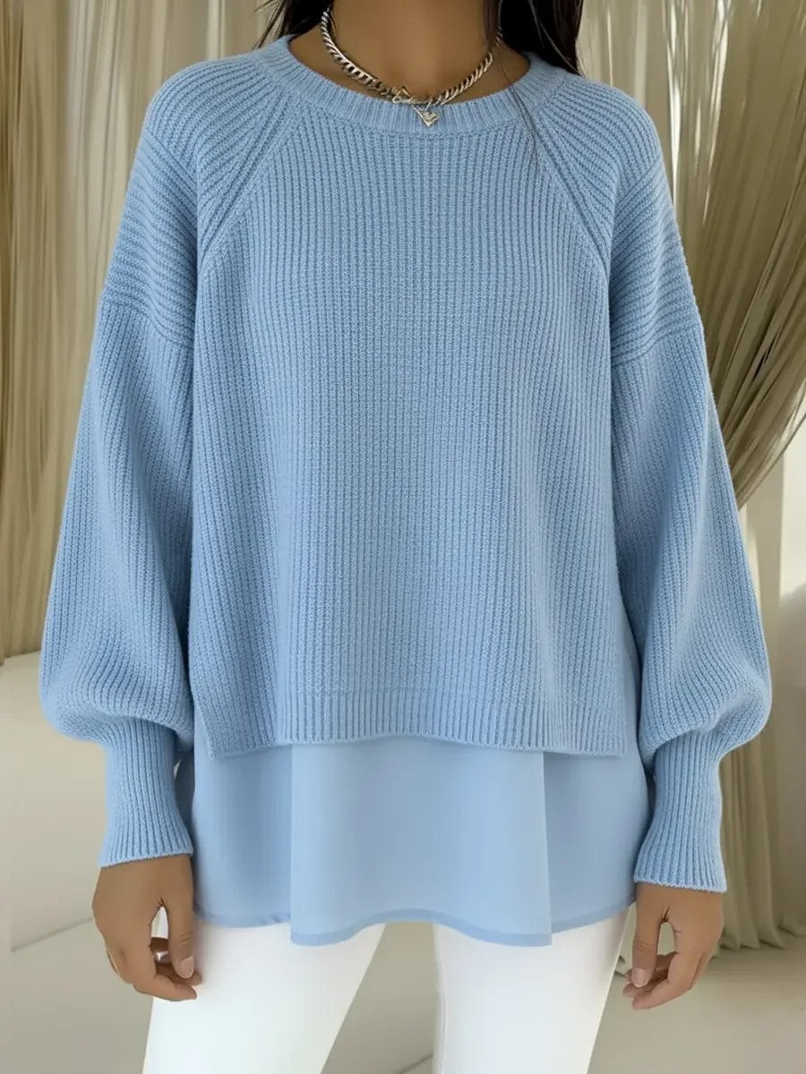 Ensfarvet afslappet crewneck-sweater med chiffonkant og pufærmer