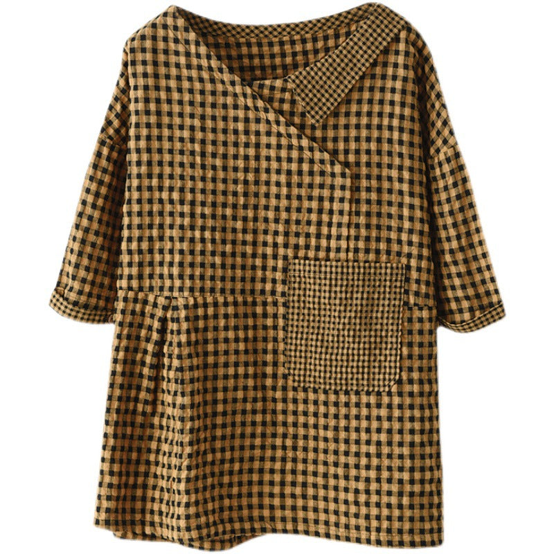 Loose Patchwork Cotton Plaid V-neck Short-sleeved T-shirt Women's Pullover