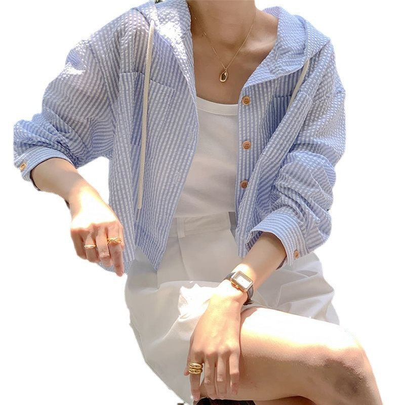 Single-breasted Striped Contrast Color Short Loose Long Sleeves Sun Protection Hooded Shirt