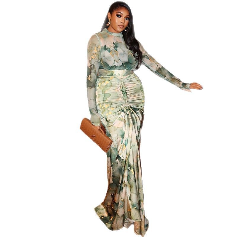 Printed Waist-wrapped Slim Fit Skirt Pleated Dress High Collar Two-piece Set