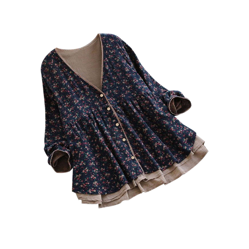 Small Floral V-Neck Fake Two Long-Sleeved Loose Large Size Blouses