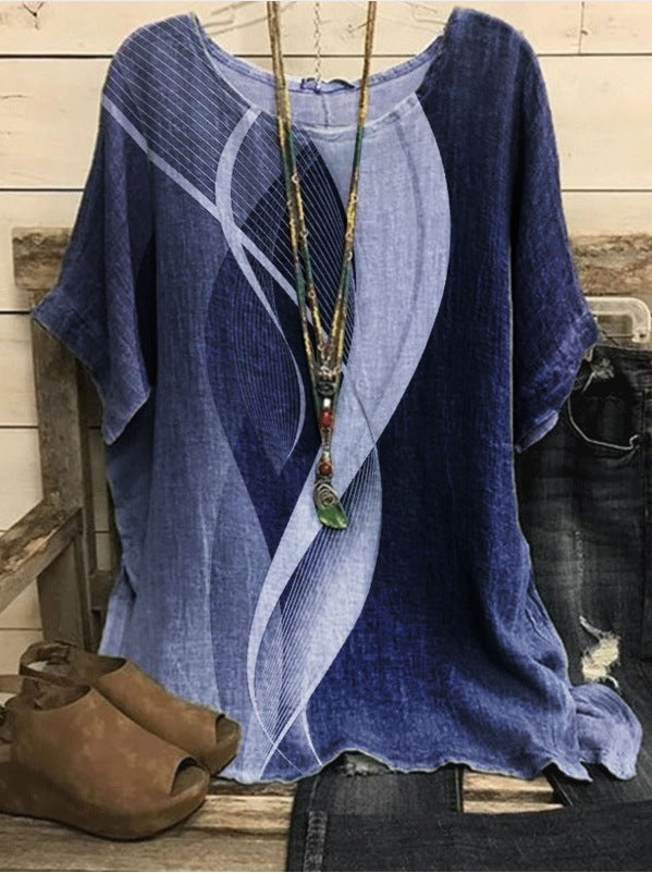 New Casual Loose Printed Crew Neck Top