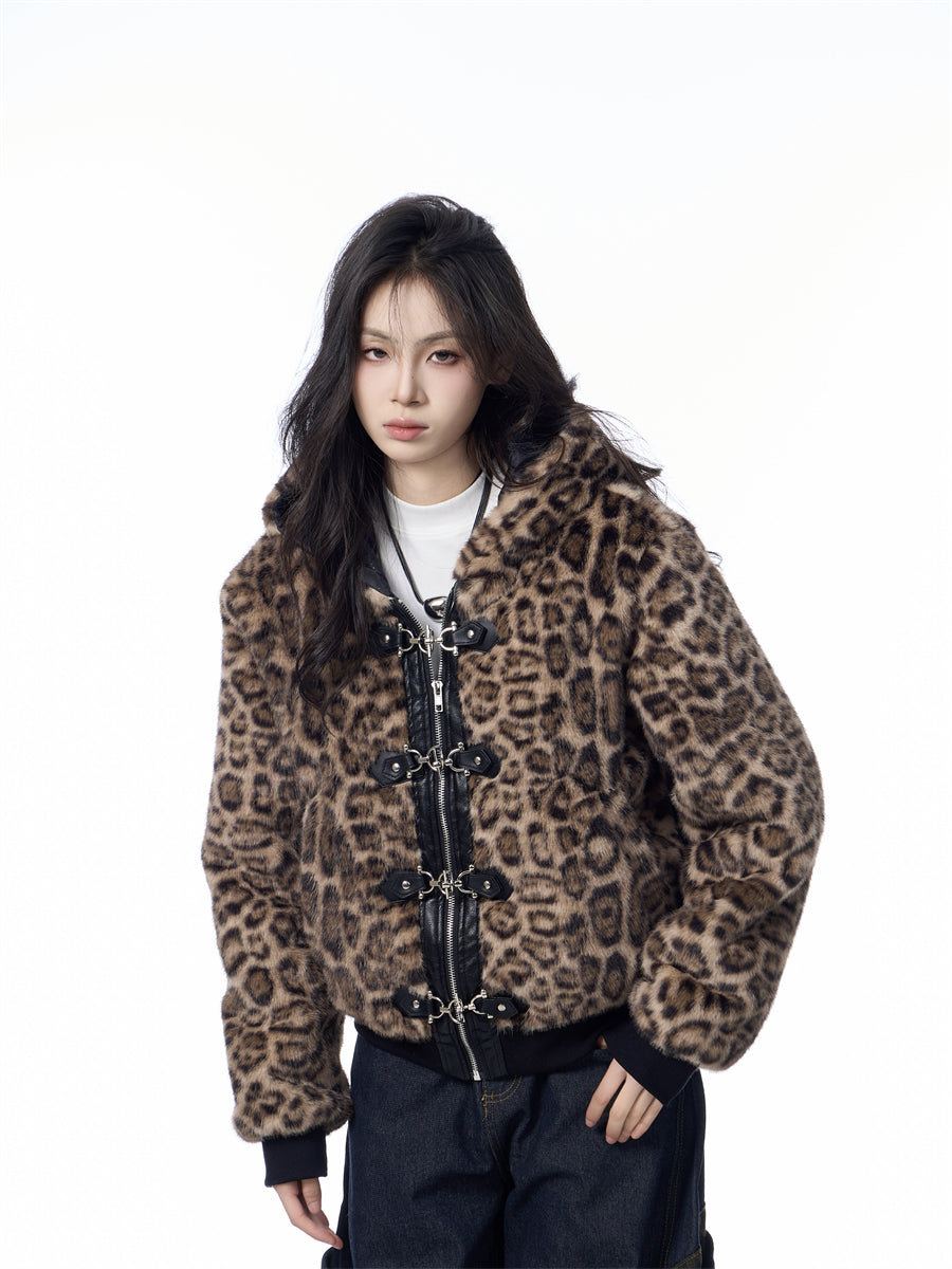 Hættetrøje Dame Løs Tyk Leopardprint Fuldprint Design Gadejakke