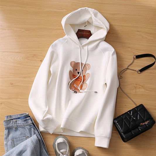 Women's Trendy Spring And Autumn Bear Embroidery Hooded Sweater