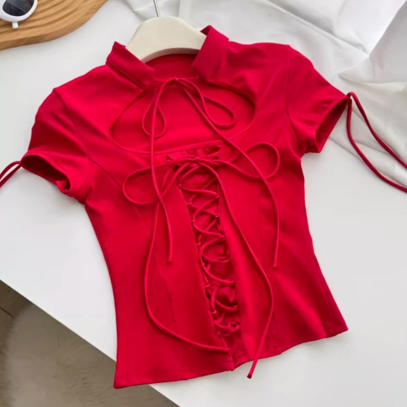 Red Flirty Bandage Bodycon Crop Top For Women Summer Short-Sleeve T-Shirt