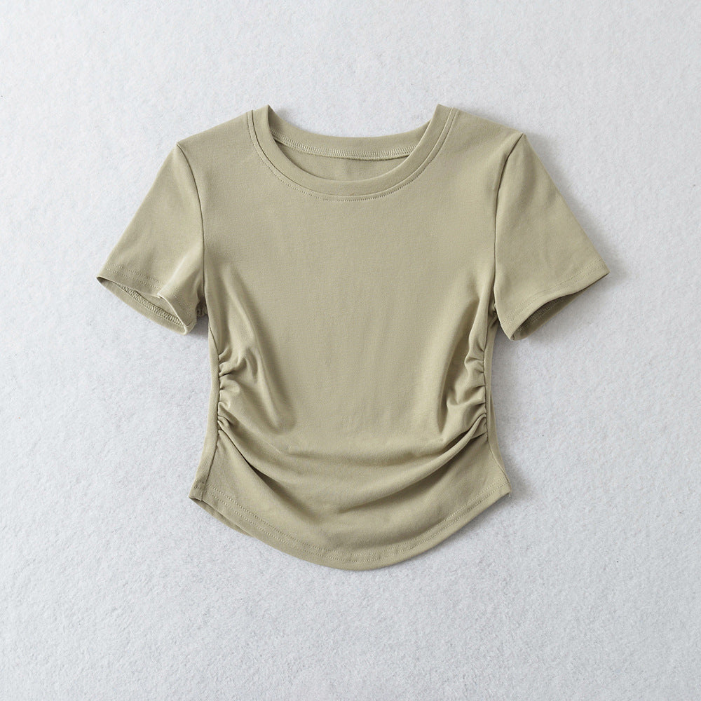 Spring Slim-fitting Top Hot Girl Drawstring Round Neck T-shirt