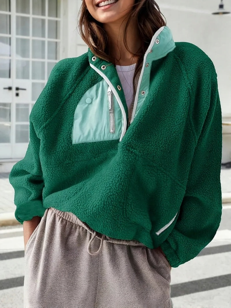 Women's Fashion Sweatshirt Fleece Stand Collar Zipper Pocket Top