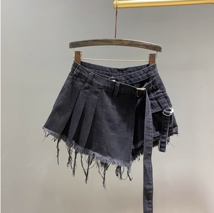Irregular Denim Culottes Women's High Waist Fake Two Pieces