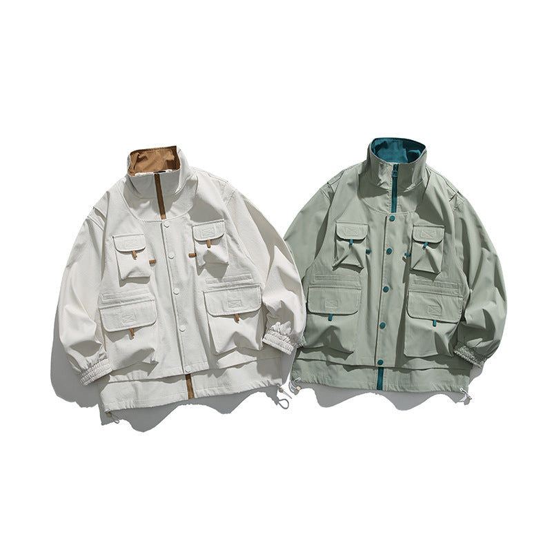 Stand Collar Loose Multi-pocket Charge Jacket Retro Fake Two-pieces Coats