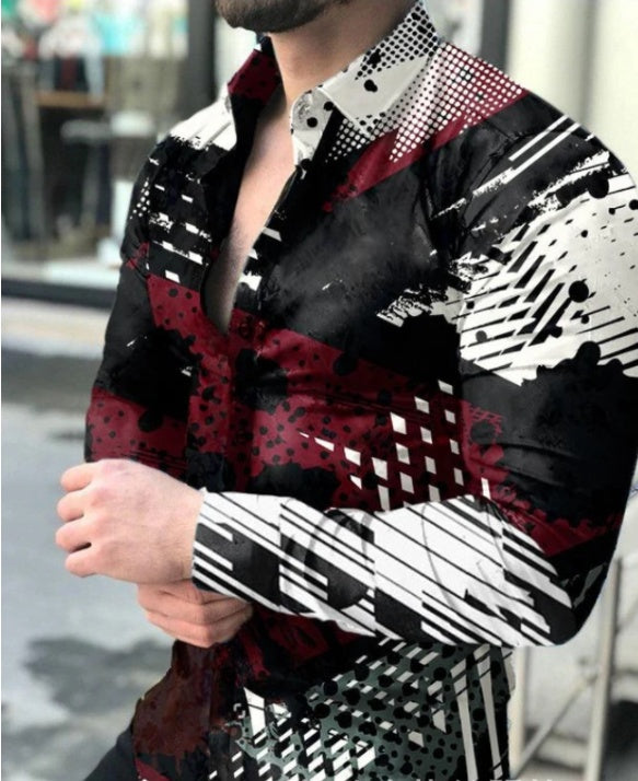 European And American New Men's Gradient Printing Long-sleeved Shirt