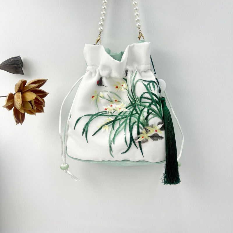 Women's Creative Printing Suzhou Embroidery Pearl Chain Handbag