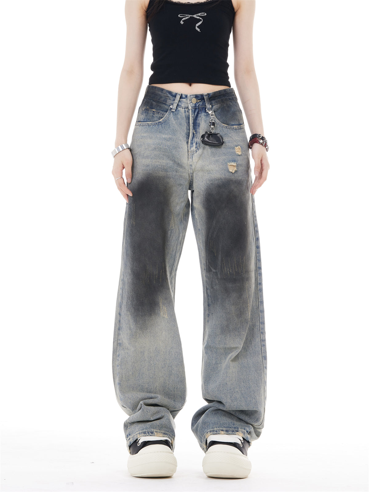Retro High Waist Wide Leg Ripped Jeans