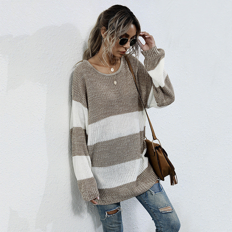 Striped Color Matching Knitted Inner Match Female Mid-length Sweater
