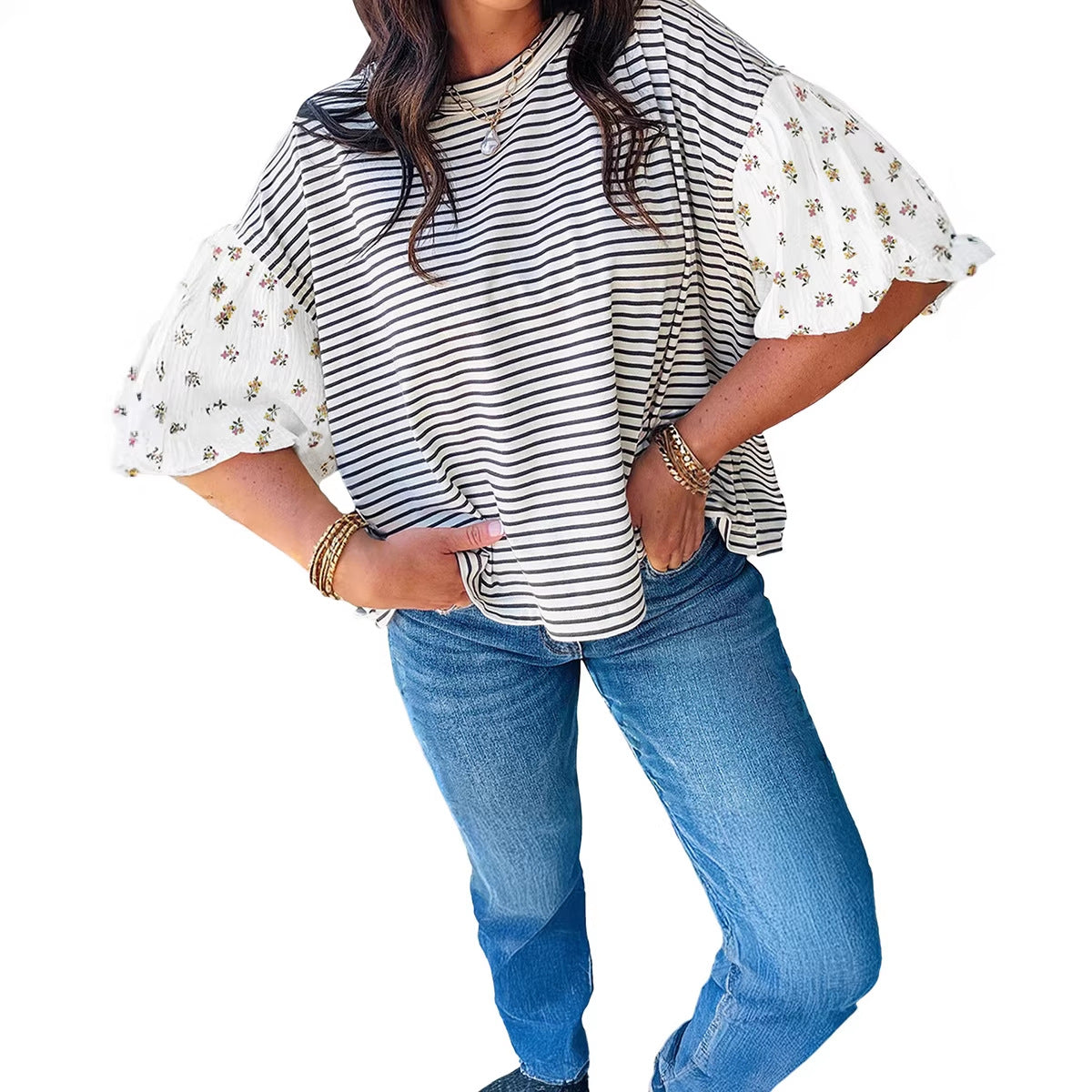 Womens Casual Striped Patchwork Loose T-Shirt