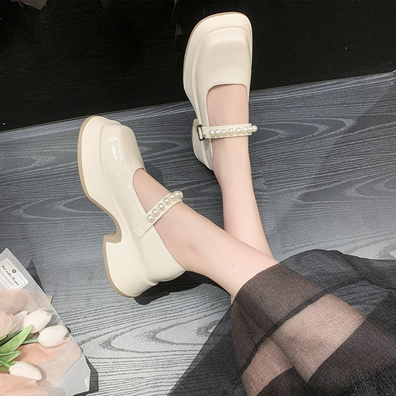 Thick Bottom Increased Word With Pearl Square Head Pumps Vintage Muffin Bottom British