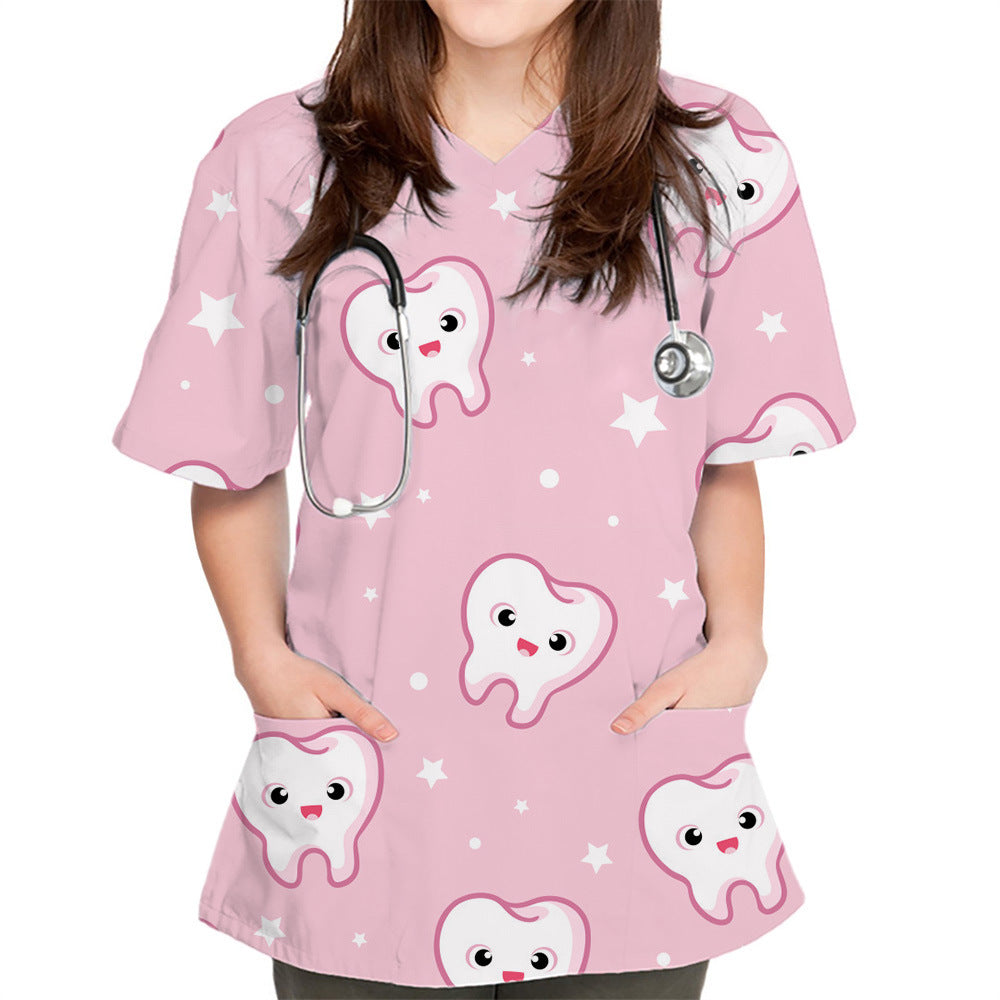 V-neck Cute Plain Pattern Series 3D Cloth For Nursing Workers