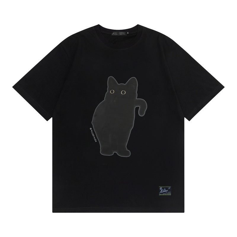Women's Retro Artistic Fresh Cute Coffee Cat Cartoon Printed Short Sleeve