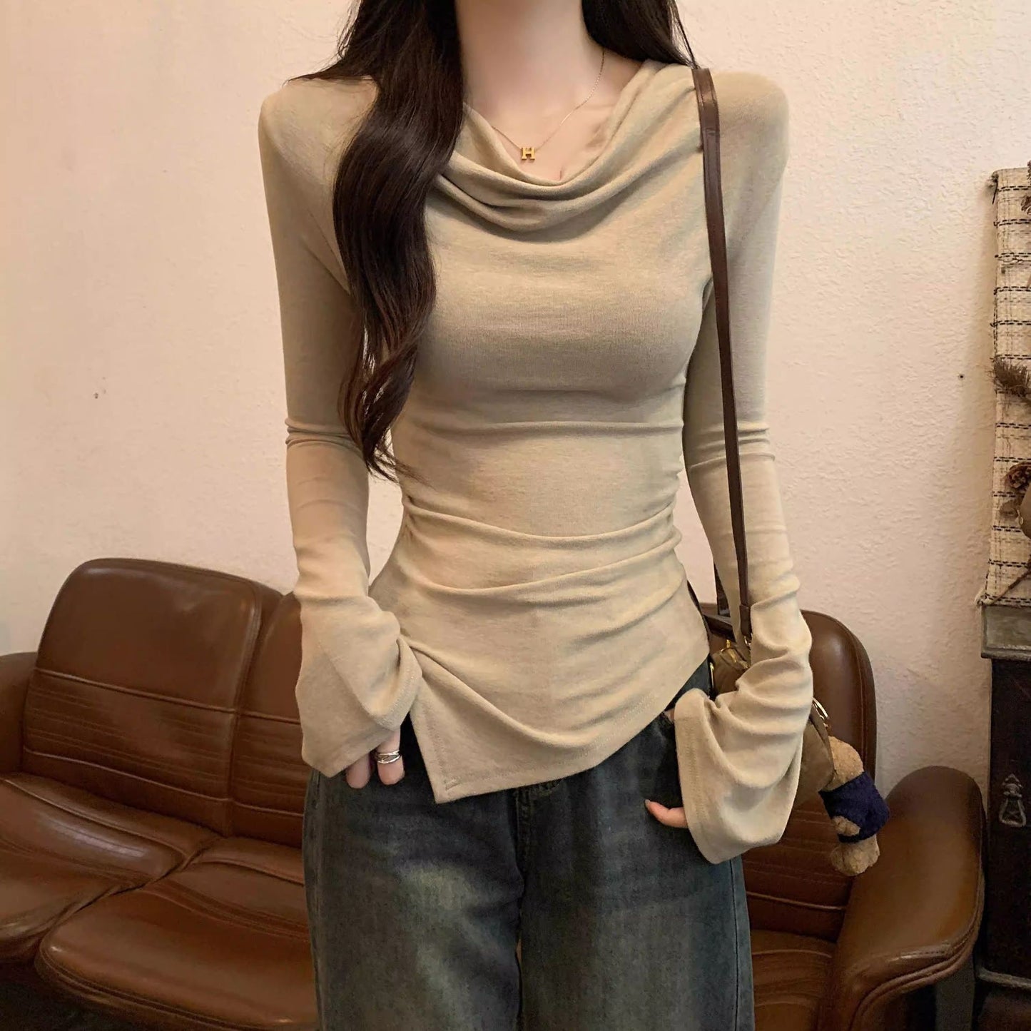 New Slim-fit, Sexy, Asymmetrical Long-sleeve Top