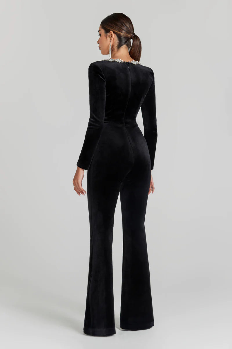 Women's Fashion Diamond Hollow High Waist Slim-fit Solid Color Jumpsuit