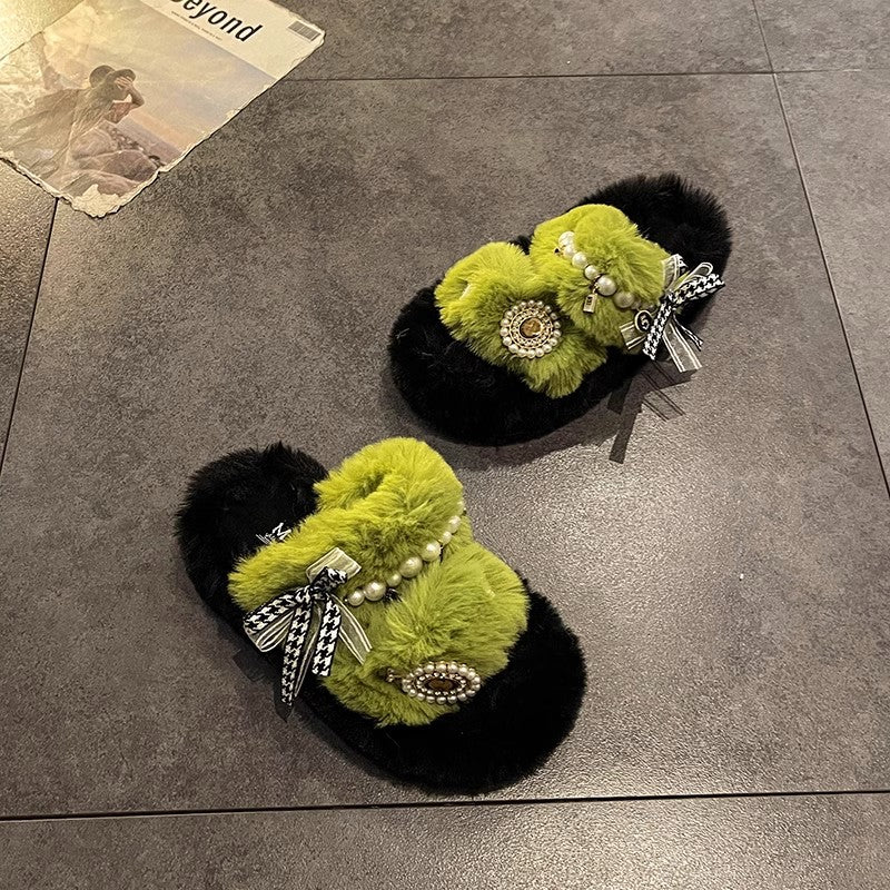 High-grade Pearl Fluffy Slippers Women's Outer Wear
