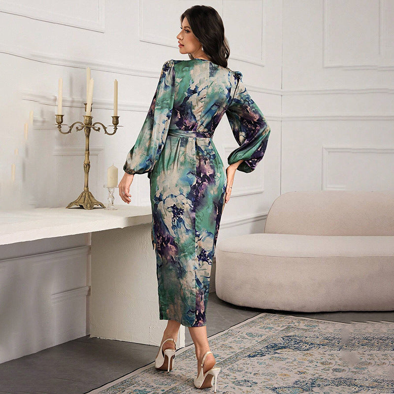 Printed V-neck Cardigan Lace-up Slim-fit Dress