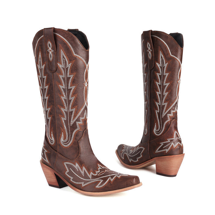 Embroidered Long Knee-high Boots Pointed Toe Chunky Heel High Heel