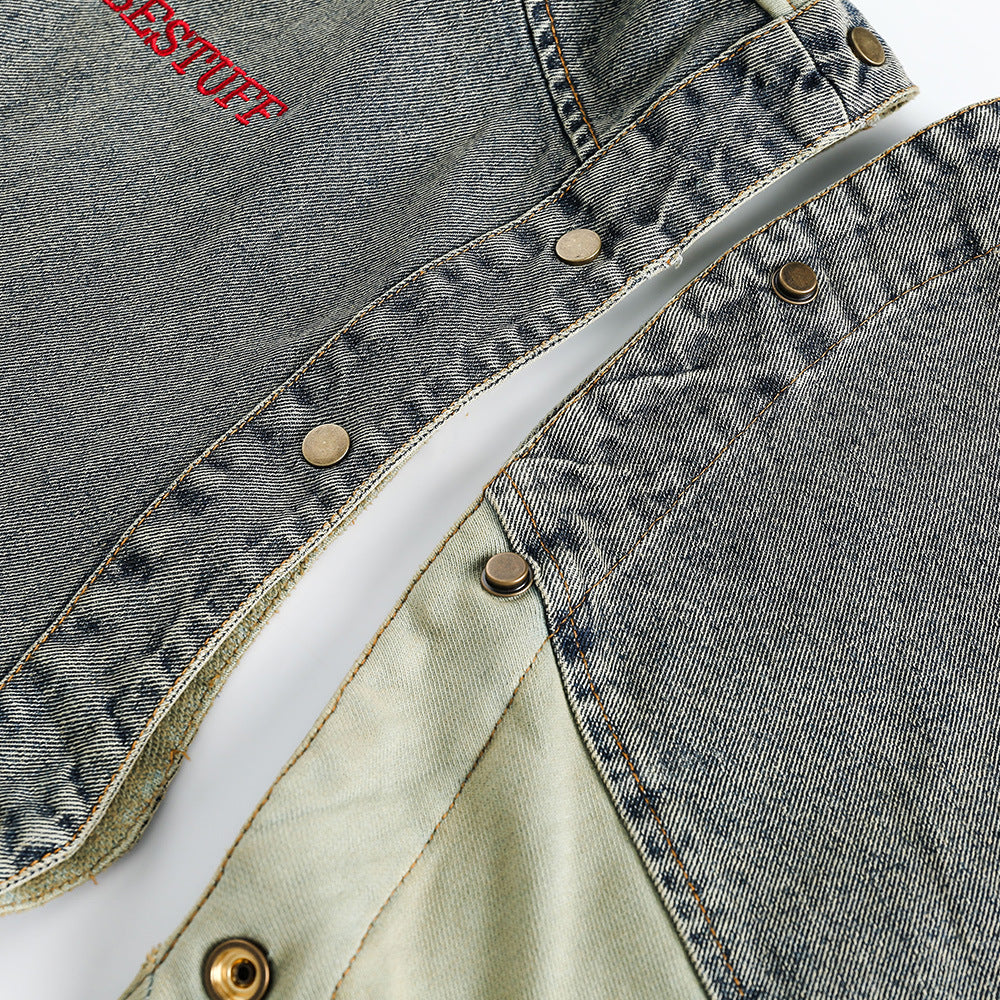 Punk Detachable Long Sleeve Stitching Washed And Worn Stand Collar Jacket