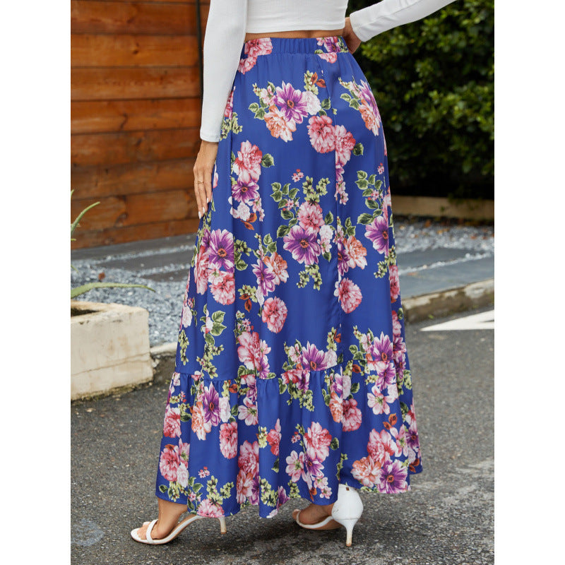 Retro Large Floral Digital Print High-Waist Skirt