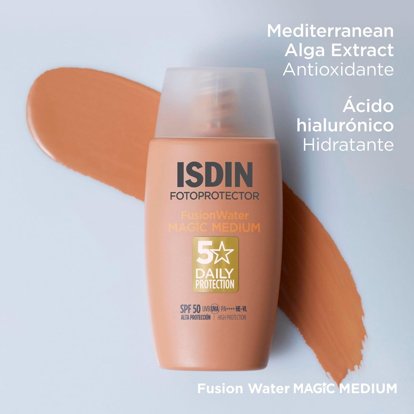 ISDIN Fusion Water Magic Color SPF 50, Protector Solar Facial De Uso Diario Ultraligero Con Color, 3 Tonos Disponibles, 50Ml